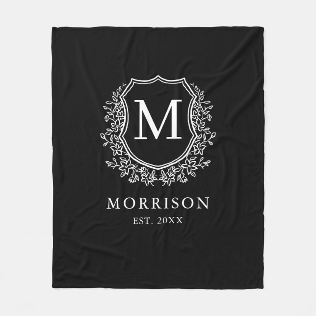 Rustic Monogram Black White Crest Newlywed Wedding Fleece Blanket (Front)