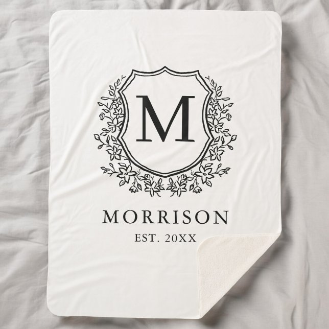 Rustic Monogram Black White Crest Newlywed Wedding Sherpa Blanket (Creator Uploaded)