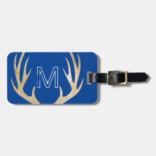 Rustic Monogram Blue Custom Bag Tag with Antlers