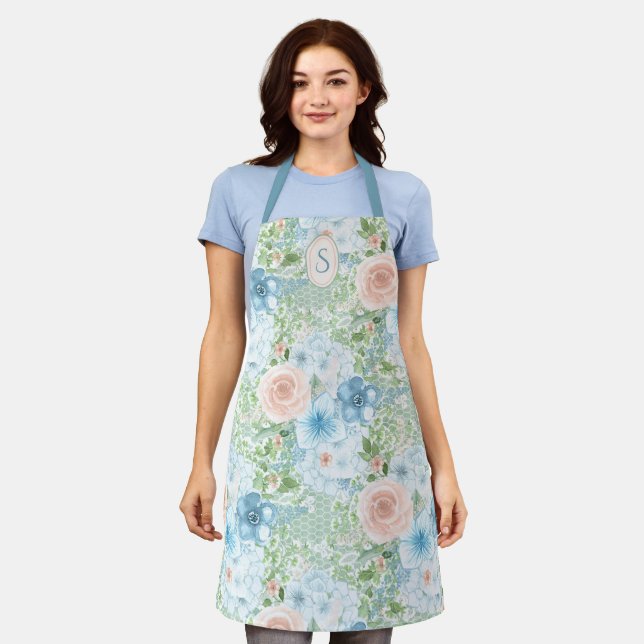 Rustic Monogram Blue Pink Green Floral  Apron (Worn)