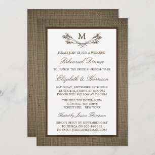 Rustic Monogram Branch Burlap Rehearsal Dinner Invitation