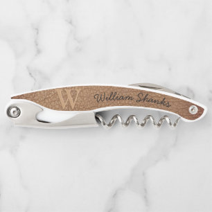 Rustic monogram brown leather chic black script corkscrew