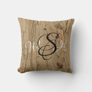Rustic Monogram Brown Woodgrain Photo Nature Cushion
