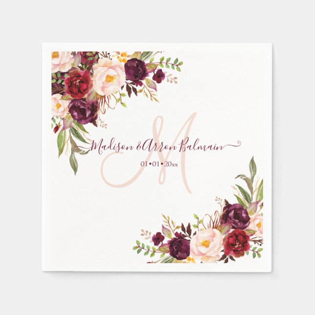 Rustic Monogram, Burgundy Blush Watercolor Peonies Napkin (Front)