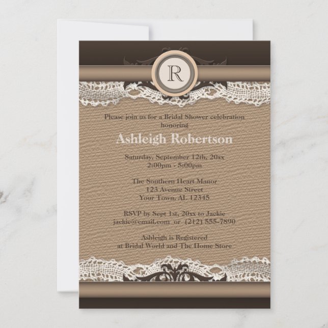 Rustic Monogram Burlap & Lace Bridal Shower Invitation (Front)