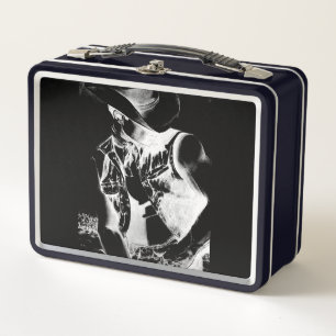 Rustic Monogram Cool Black and White Cowboy Image Metal Lunch Box