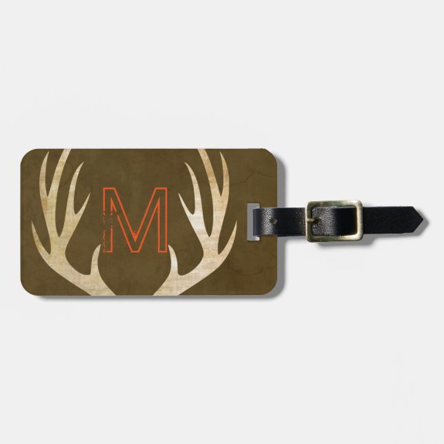 Rustic Monogram Custom Bag Tag with Antlers (Front Horizontal)