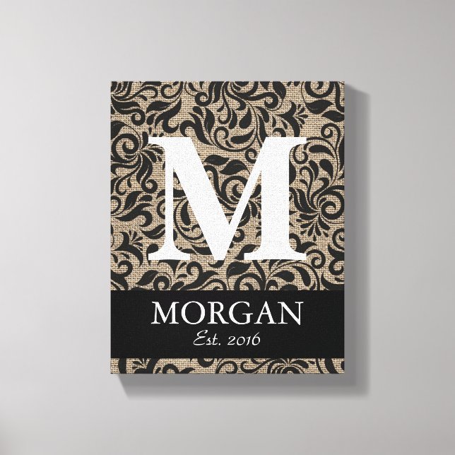 Rustic Monogram Damask Burlap Family Name Sign (Front)