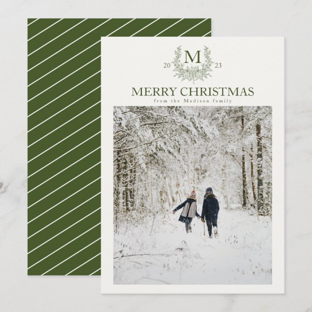 Rustic monogram  Dark Green personalised initial Holiday Card (Front/Back)