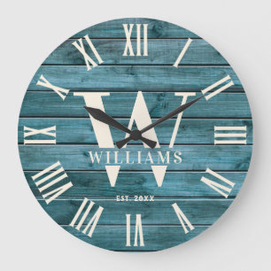 Rustic Monogram Driftwood Custom Family Name Large Clock