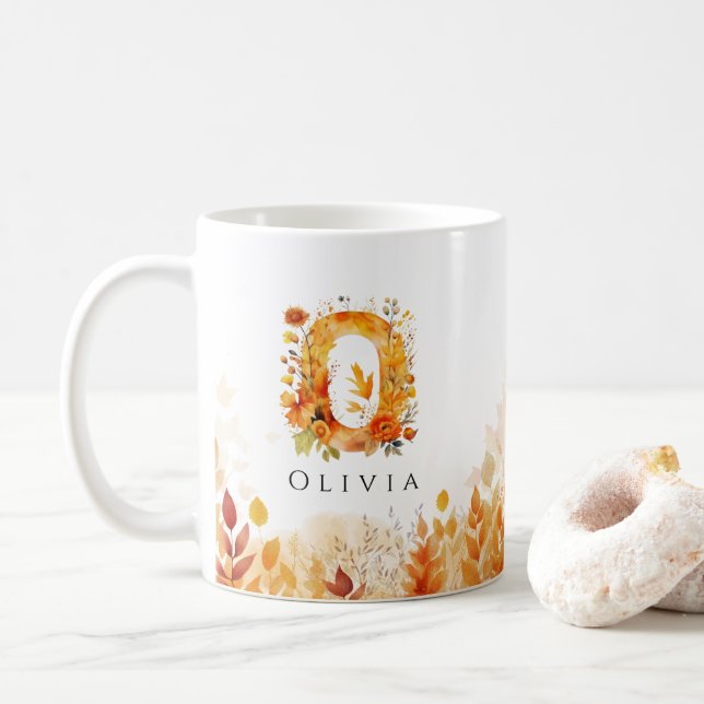 Rustic Monogram Fall Leaves Letter O  Coffee Mug (With Donut)