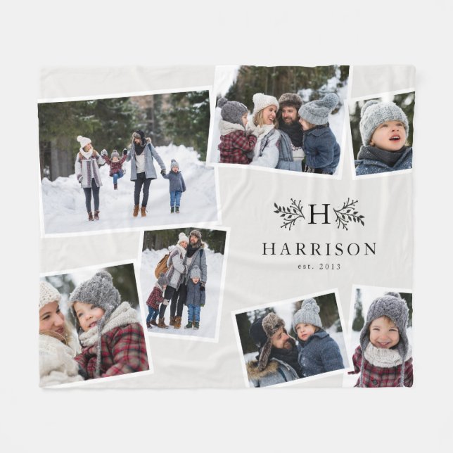 Rustic monogram family collage 7 photo black white fleece blanket (Front (Horizontal))