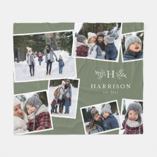Rustic monogram family collage 7 photo sage green fleece blanket