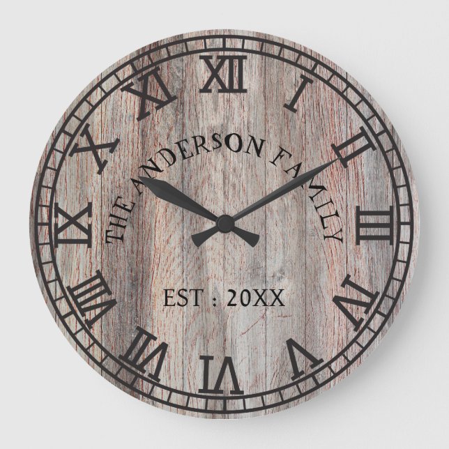 Rustic Monogram Farmhouse Custom Family Name Large Clock (Front)