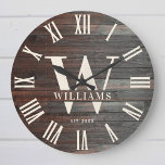 Rustic Monogram Farmhouse Custom Family Name Retro Large Clock<br><div class="desc">Personalised Family Name, monogram, and year established Rustic Modern Wall clock in a trendy farmhouse style design with roman numeral clock face and dark wood plank / shiplap backdrop design. Perfect gift for newlyweds, wedding or housewarming present or grandparents gift, or for a home make-over in your cabin, cottage, or...</div>