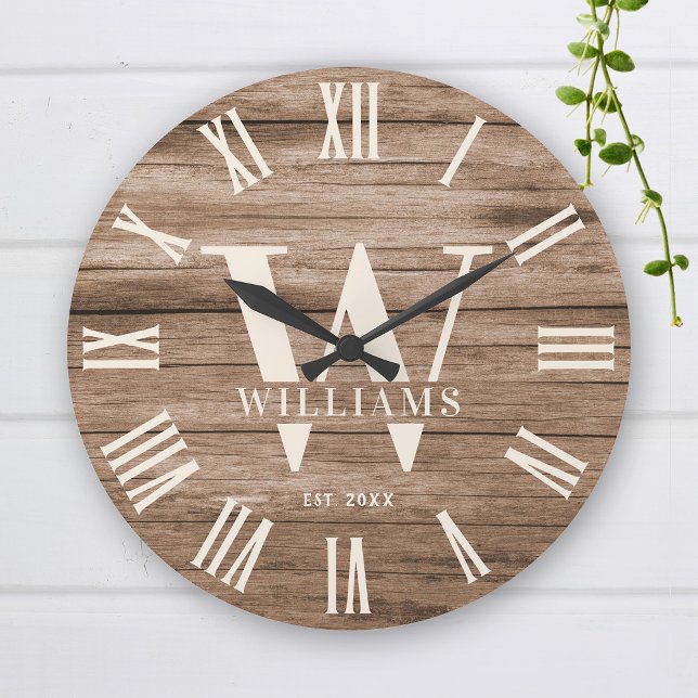 Rustic Monogram Farmhouse Custom Family Name Retro Large Clock (Creator Uploaded)