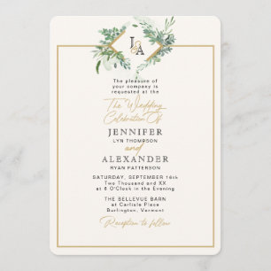 Rustic Monogram Gold Greenery Eucalyptus Wedding Invitation