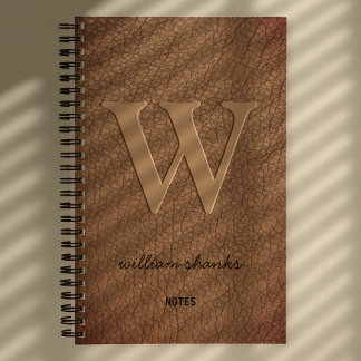 Rustic monogram gold script name brown leather notebook