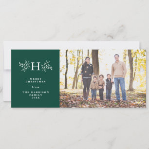 Rustic monogram green holiday photo card
