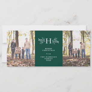 Rustic monogram green two-photo holiday card