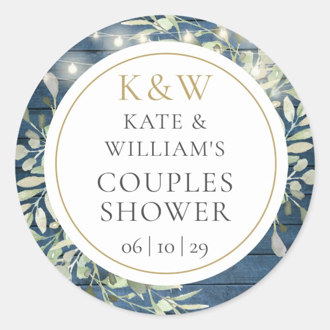 Rustic Monogram Greenery Couples Bridal Shower Classic Round Sticker (Front)