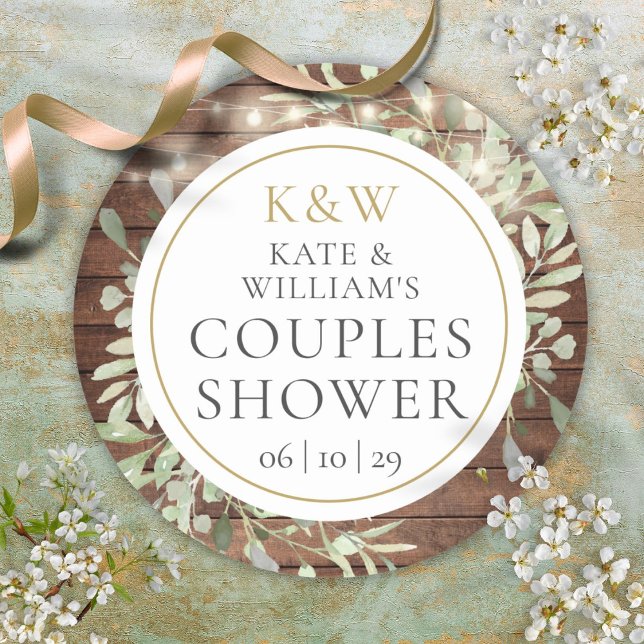 Rustic Monogram Greenery Couples Wedding Shower Classic Round Sticker (Rustic Monogram Greenery Couples Wedding Shower Classic Round Sticker)