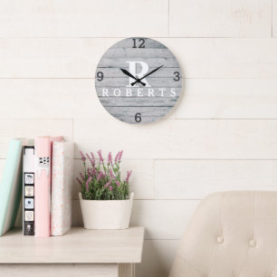 Rustic Monogram Grey Driftwood Clock