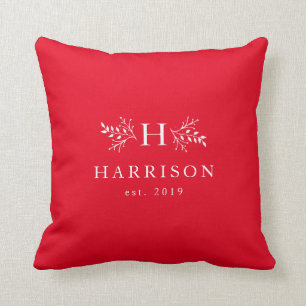 Rustic monogram holiday red newlywed cushion
