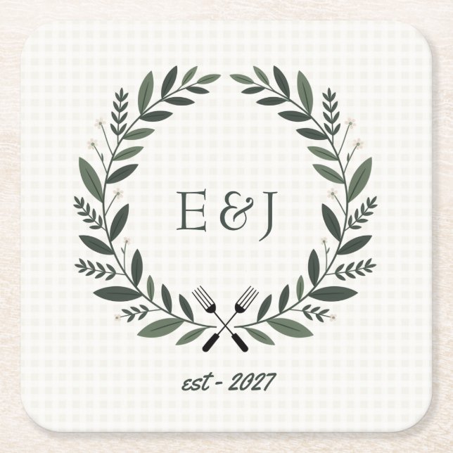 Rustic Monogram I Do BBQ Wedding Shower Square Paper Coaster (Front)