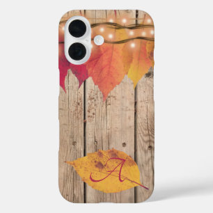 Rustic Monogram Initial Autumn Leaves Lights Wood iPhone 16 Case