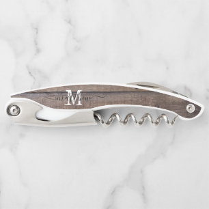 Rustic Monogram Initial Script Bottle Custom  Corkscrew