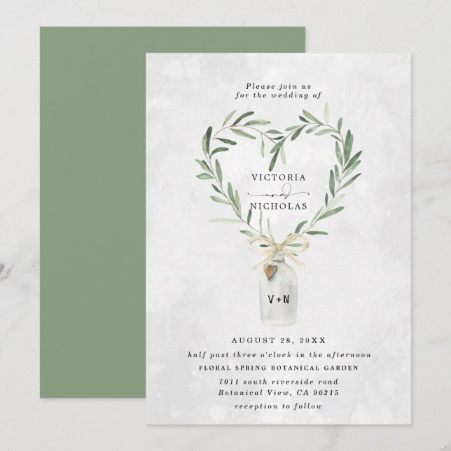 Rustic Monogram Jar | Heart Greenery Wedding Invitation (Front/Back)