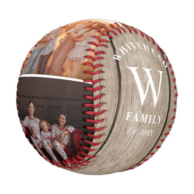 Rustic Monogram Light Wood Photo Collage Baseball (Angled)