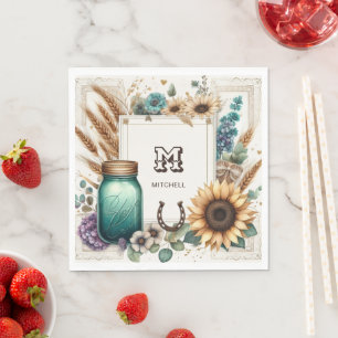 Rustic Monogram Mason Jar Sunflowers Napkin