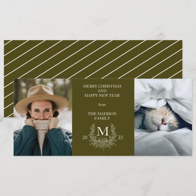 Rustic monogram Mustard Brow holiday photo card (Front/Back)