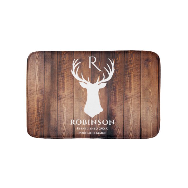 Rustic Monogram Name Deer Antler Wood  Bath Mat (Front)