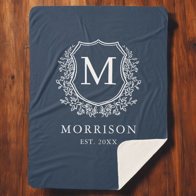 Rustic Monogram Navy Blue Crest Newlywed Wedding Sherpa Blanket (Creator Uploaded)