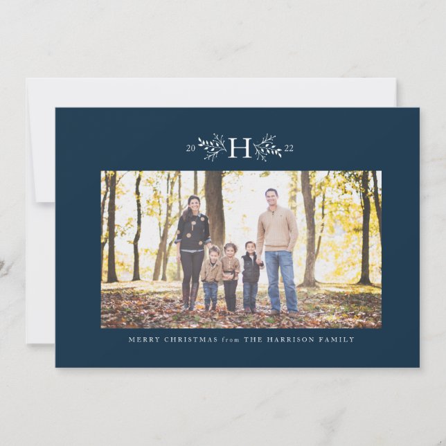 Rustic monogram navy blue holiday photo card (Front)