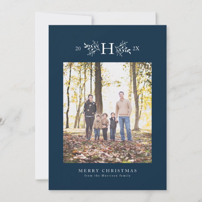 Rustic monogram navy blue holiday photo card (Front)