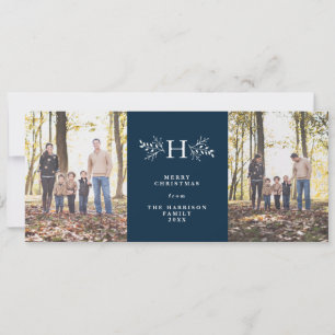 Rustic monogram navy blue two-photo holiday card