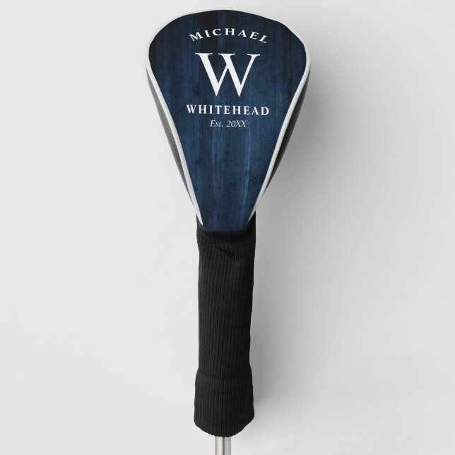 Rustic Monogram Navy Blue Wood Golf Head Cover (Front)