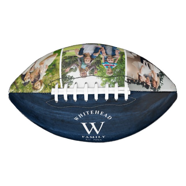 Rustic Monogram Navy Blue Wood Photo Collage American Football (Front)