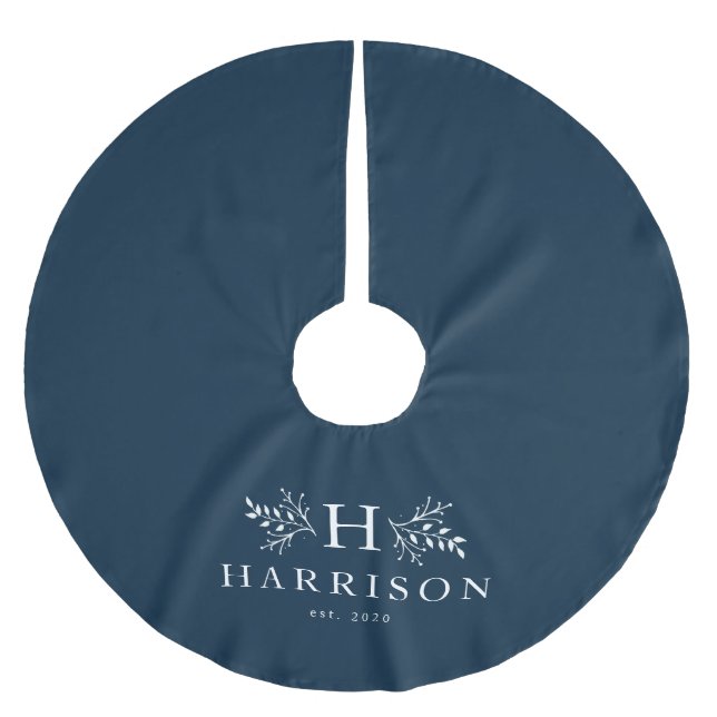 Rustic monogram navy family brushed polyester tree skirt (Front)