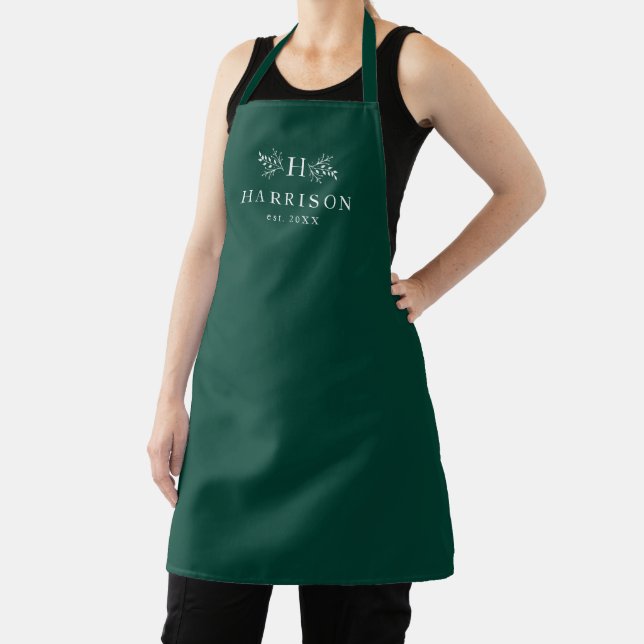 Rustic monogram newlywed green apron (Insitu)