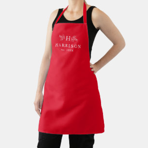 Rustic monogram newlywed red holiday apron
