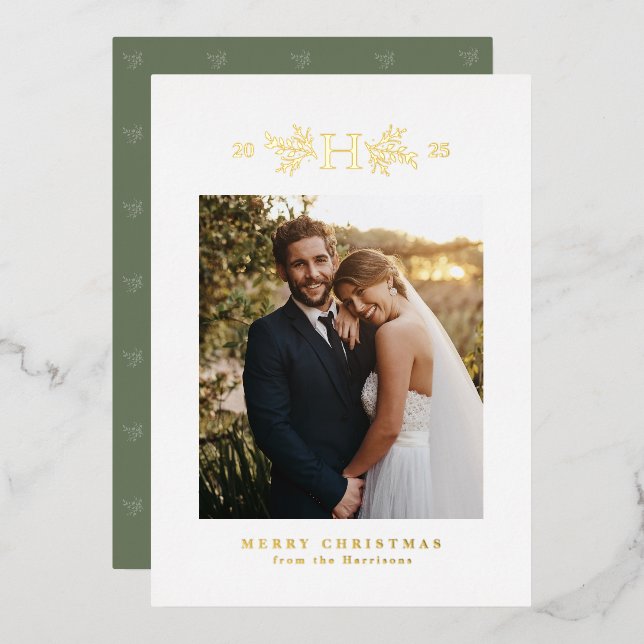 Rustic monogram one photo Christmas Foil Holiday Card (Front/Back)
