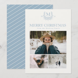 Rustic monogram Pewter Blue personalised initial  Holiday Card