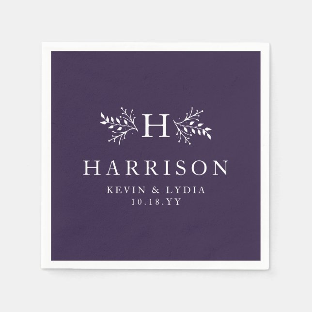 Rustic monogram plum purple fall winter wedding napkin (Front)