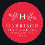 Rustic monogram red address sticker<br><div class="desc">With branches surrounding your initial, this round sticker makes a perfect return address label and envelope seal. It's classic with a bit of a rustic twist. The text and branches are white on a vivid and festive red background, but the background colour can be changed by clicking "customise." Perfect for...</div>
