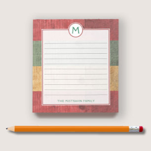 Rustic Monogram Red Green Gold Wood Name Christmas Notepad